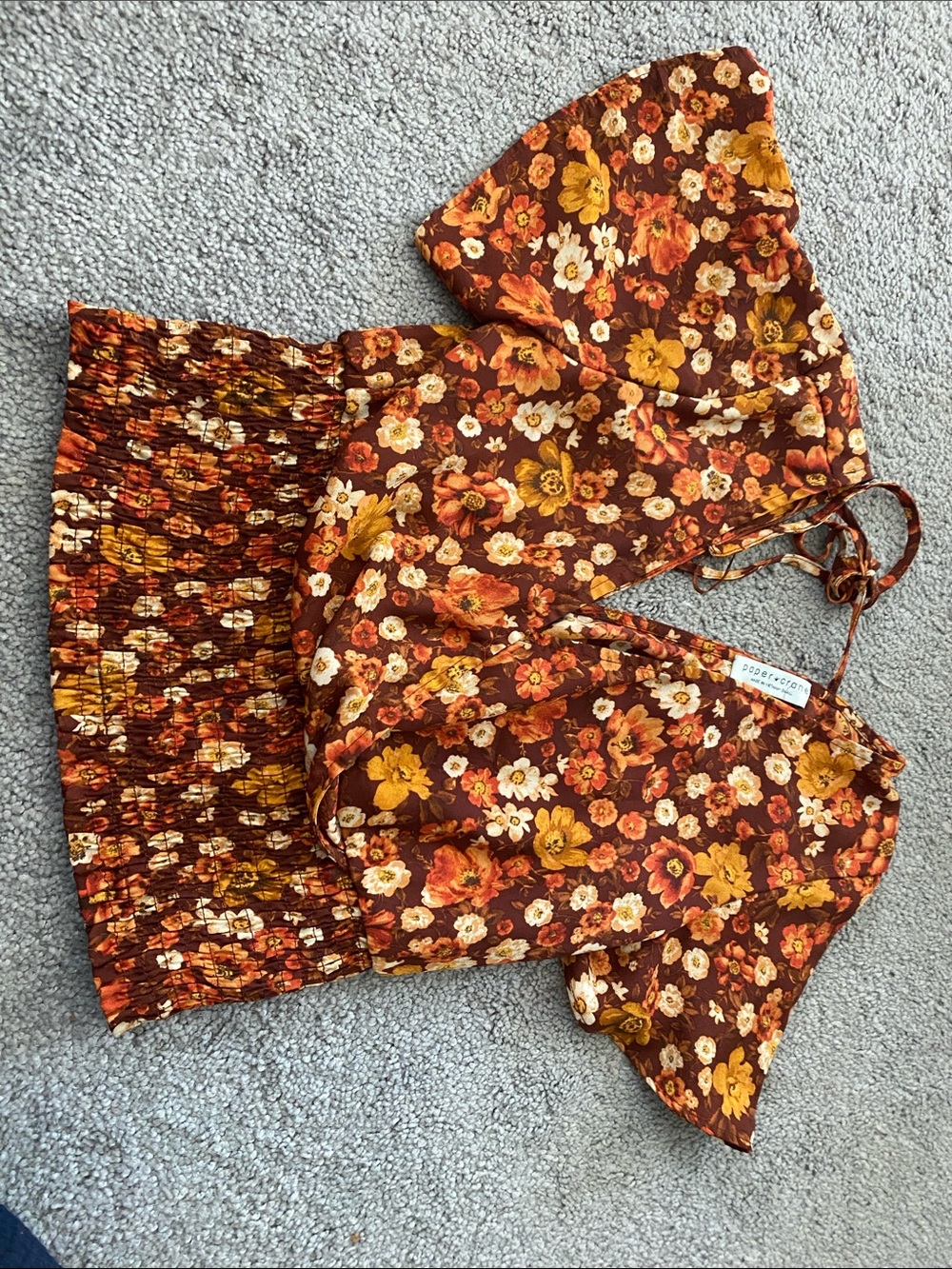 Paper Crane Brown Floral Smocked Waist Blouse